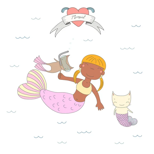 Niedliche Meerjungfrauen und Katzen — Stockvektor