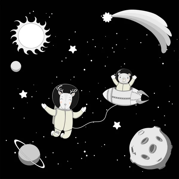 Cute animal astronauts in space — Stock Vector