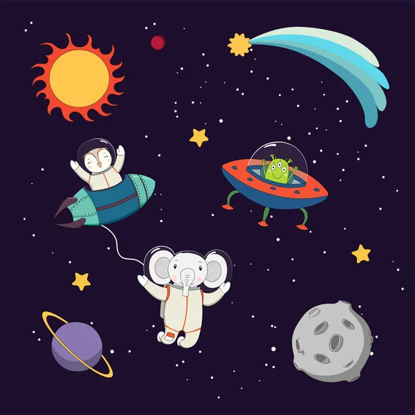 Cute animal astronauts in space — Stock Vector