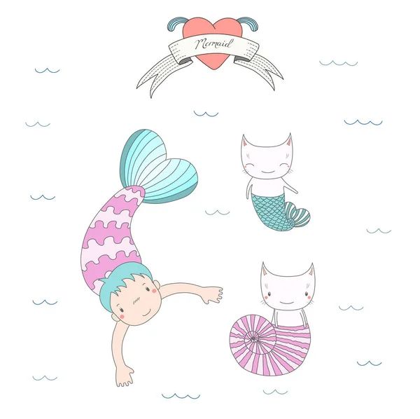 かわいい人魚と猫 — ストックベクタ