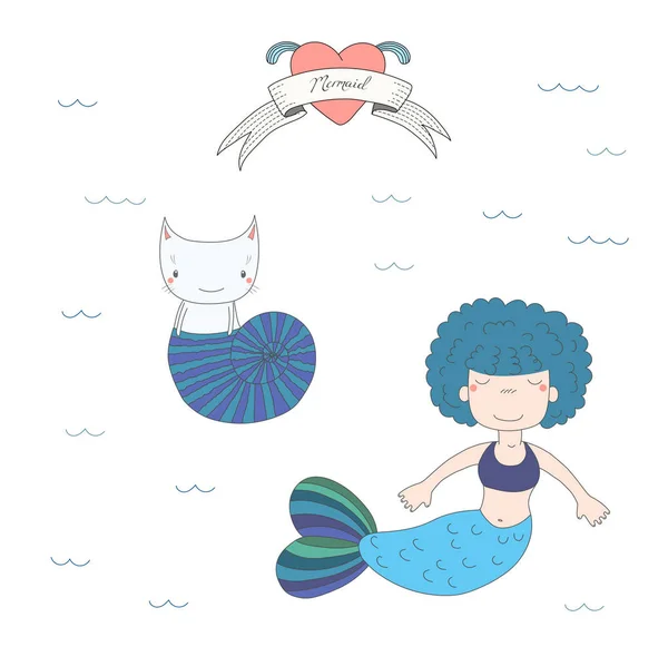 Lindas sirenas y gatos — Vector de stock