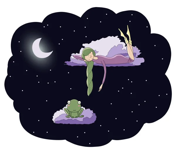 Durmiendo chica flotando en nubes — Vector de stock