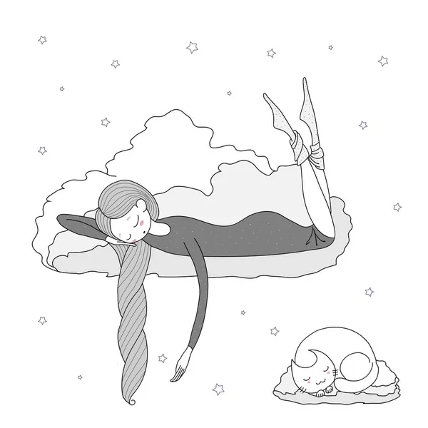 Durmiendo chica flotando en nubes — Vector de stock