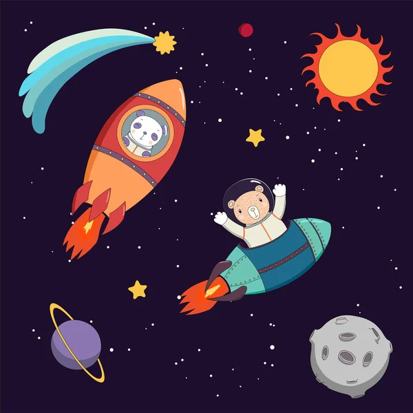 Lindos astronautas animales en el espacio — Vector de stock