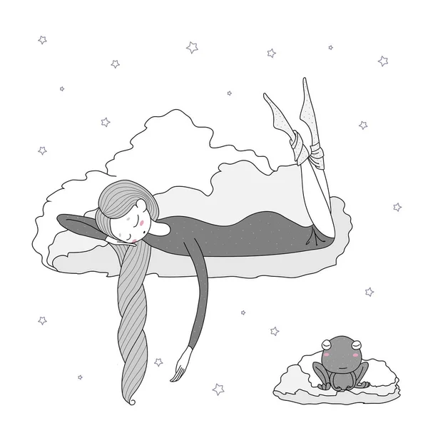 Спящая девушка, плавающая на облаках — стоковый вектор