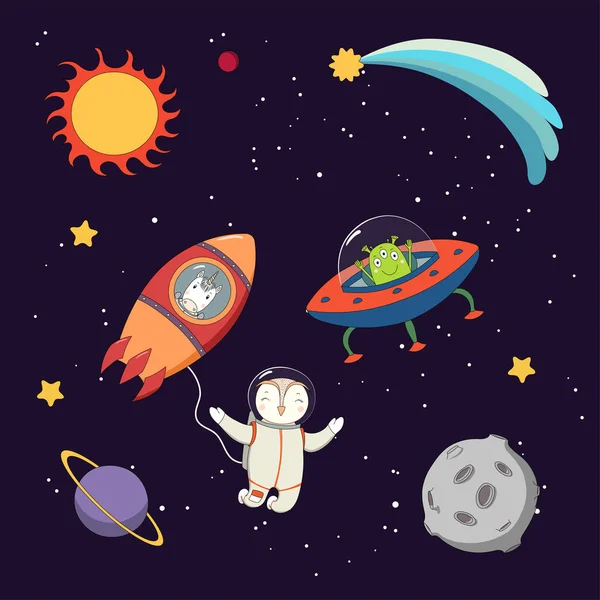 Lindos astronautas animales en el espacio — Vector de stock