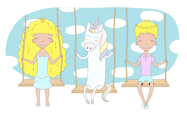 Söt prinsessa, prince och unicorn på en gunga — Stock vektor