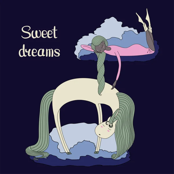 Natt flicka unicorn — Stock vektor