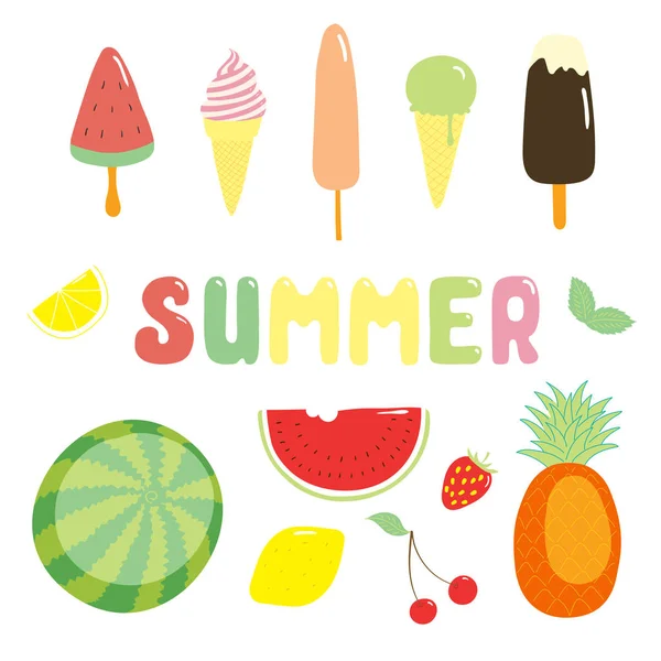 Pegatinas de verano helado y frutas — Vector de stock