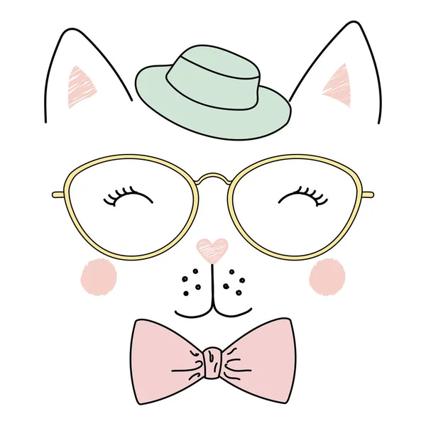 Lindo gato en gafas y sombrero cartel — Vector de stock