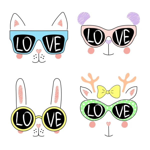 Set of cute hand drawn animal faces in glasses — Stock Vector