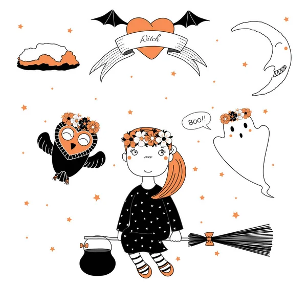 Funny witch, owl and ghost illustration Stock Illustration