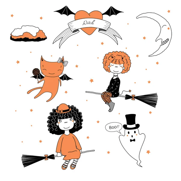 Brujas graciosas, ilustración de fantasmas y gatos — Vector de stock