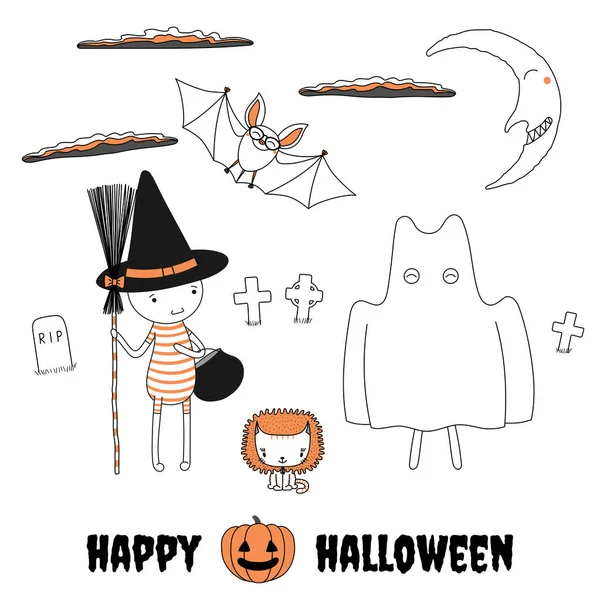 Funny cartoon characters in Halloween costumes Stock Illustration