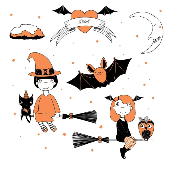 Funny witches, owl, bat and cat illustration Stock Vector