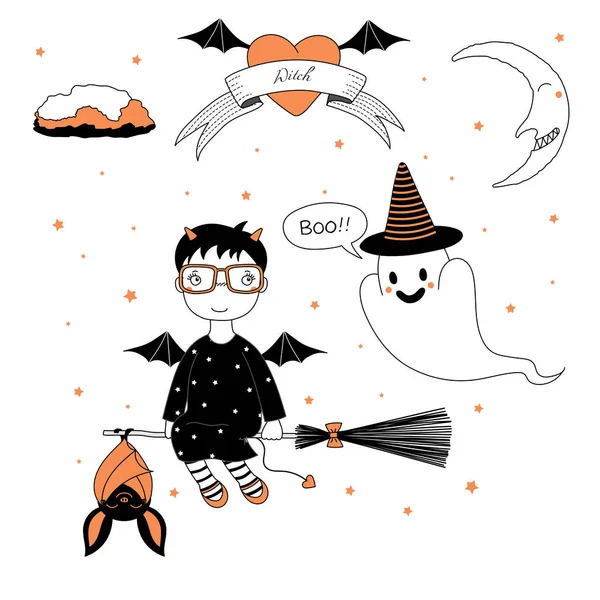 Funny witch, ghost and bat illustration Royalty Free Stock Vectors