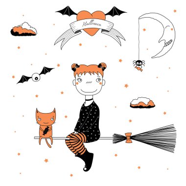Komik cadı ve kedi illüstrasyon