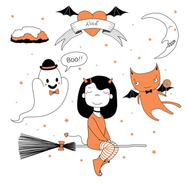 Komik cadı, hayalet ve kedi illüstrasyon