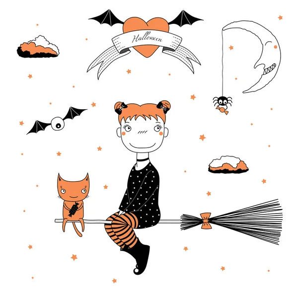 Komik cadı ve kedi illüstrasyon