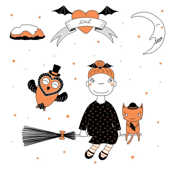 面白い魔女、フクロウおよび猫のイラスト — ストックベクタ