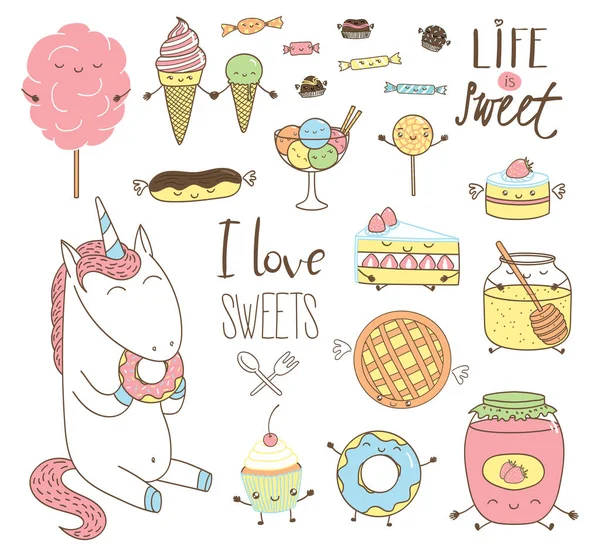 Cute hand drawn dessert doodles with unicorn — Stock Vector