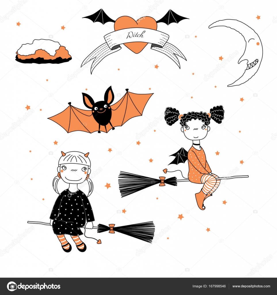 Bruxas engraçadas e ilustração de morcego imagem vetorial de Maria_Skrigan©  167998546