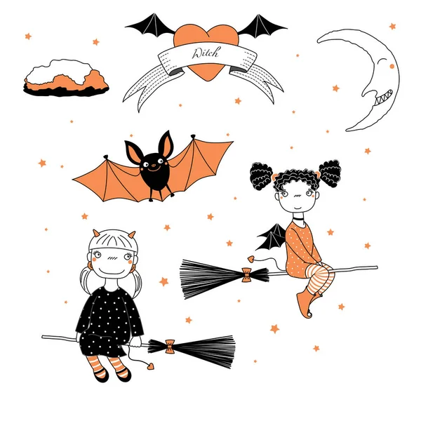 Funny witches and bat illustration Stock Vector