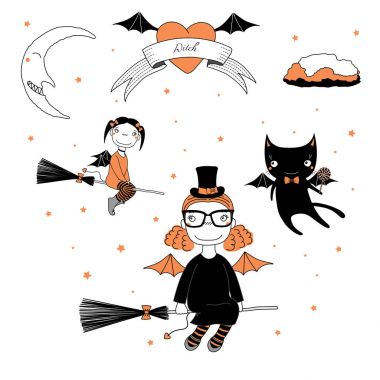 Komik cadı ve kedi illüstrasyon