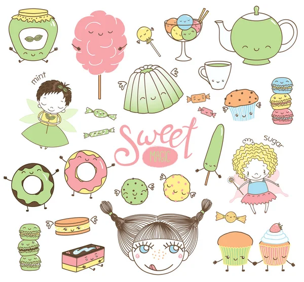 Niedlichen handgezeichneten Dessert-Doodles mit Mädchen Feen — Stockvektor