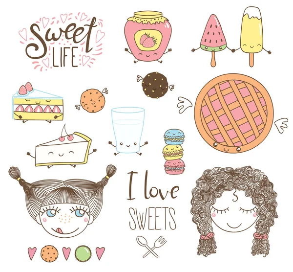 Schattig hand getrokken dessert doodles — Stockvector