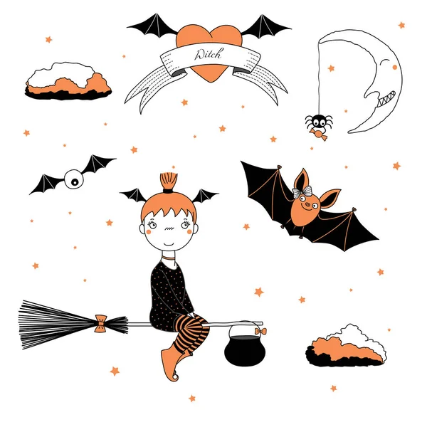 Divertente strega e pipistrello illustrazione — Vettoriale Stock