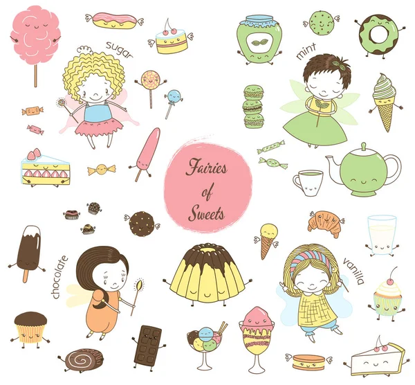 Cute hand drawn dessert doodles with fairies — Stock Vector