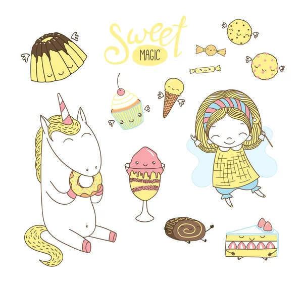 Cute hand drawn dessert doodles with unicorn and fairy — Stock Vector