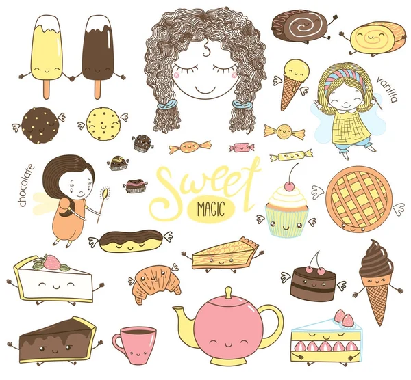 Schattig hand getrokken dessert doodles met meisje feeën — Stockvector