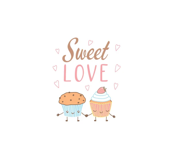 Zoete liefde muffin en cupcake poster — Stockvector