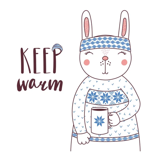 Lindo conejo divertido en una diadema de punto y suéter — Vector de stock