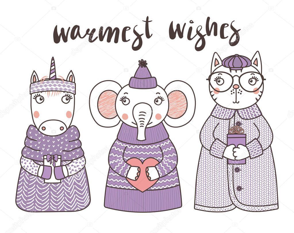 Cute funny animals in knitted hats and sweaters
