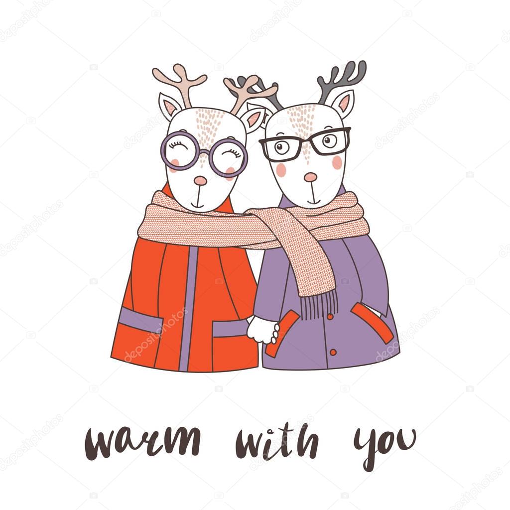 A couple of reindeers wrapped in one scarf