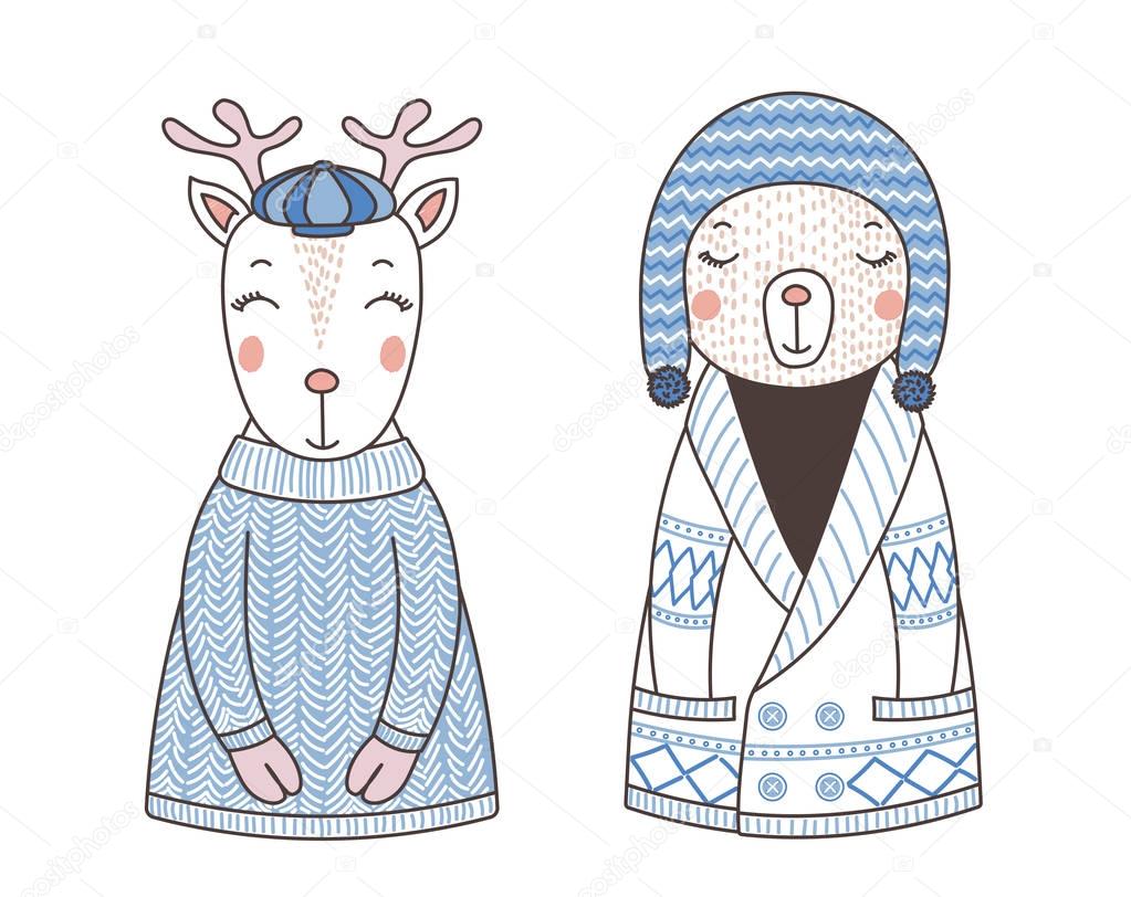 Cute funny animals in knitted hats and sweaters