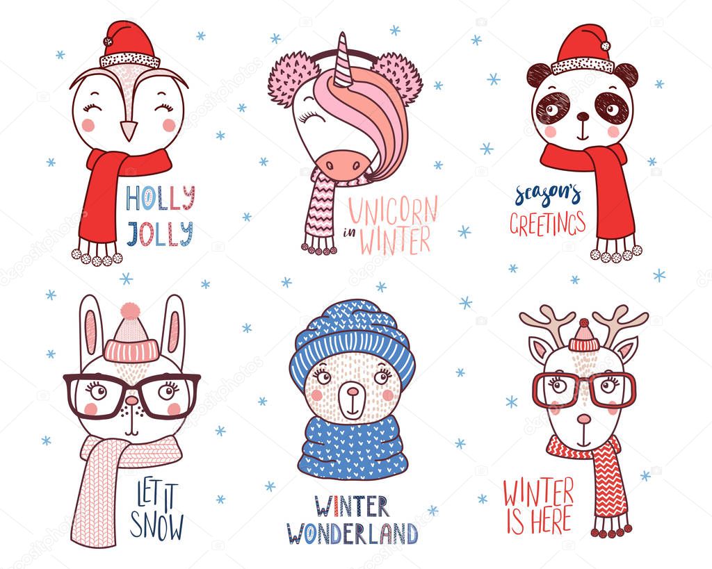 Cute animals in warm hats with quotes