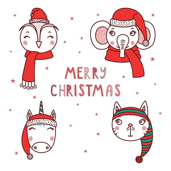 Simpatici animali in cappelli di Babbo Natale — Vettoriale Stock