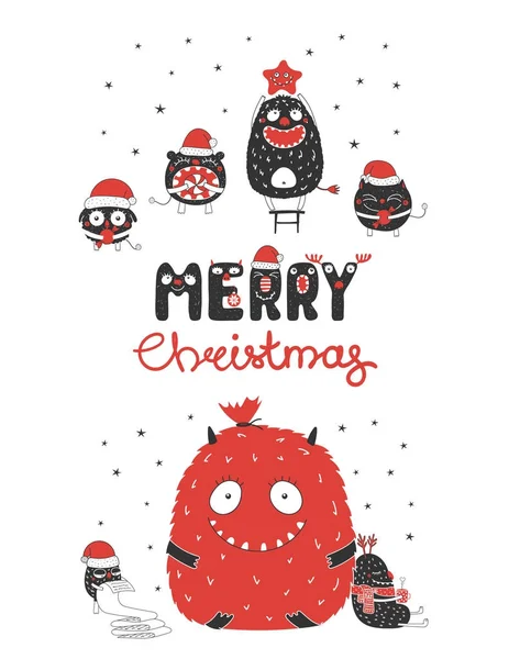 Tarjeta de felicitación con monstruos de Navidad — Vector de stock