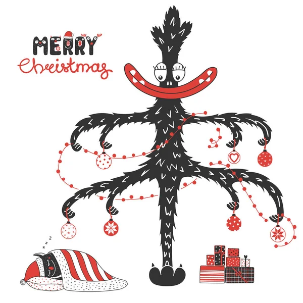 Monstruo de Navidad lindo bajo árbol — Vector de stock