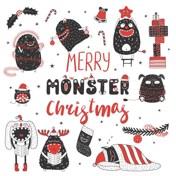 Monster in Weihnachtsmannhüten — Stockvektor