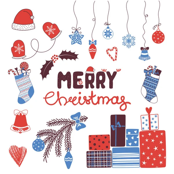 Merry Christmas tekst en decoraties — Stockvector