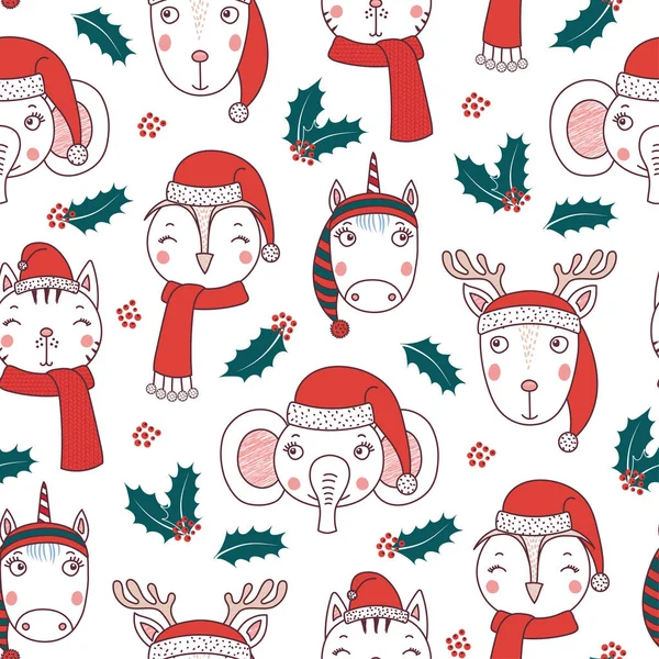 cute animals in Santa hats pattern