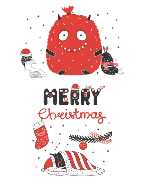 Monstruos de Navidad lindos y divertidos — Vector de stock