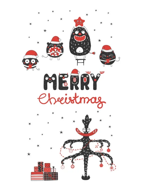 Monstruos de Navidad lindos y divertidos — Vector de stock