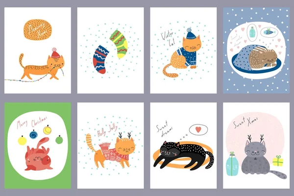 Lindos gatos de Navidad tarjetas de felicitación — Vector de stock
