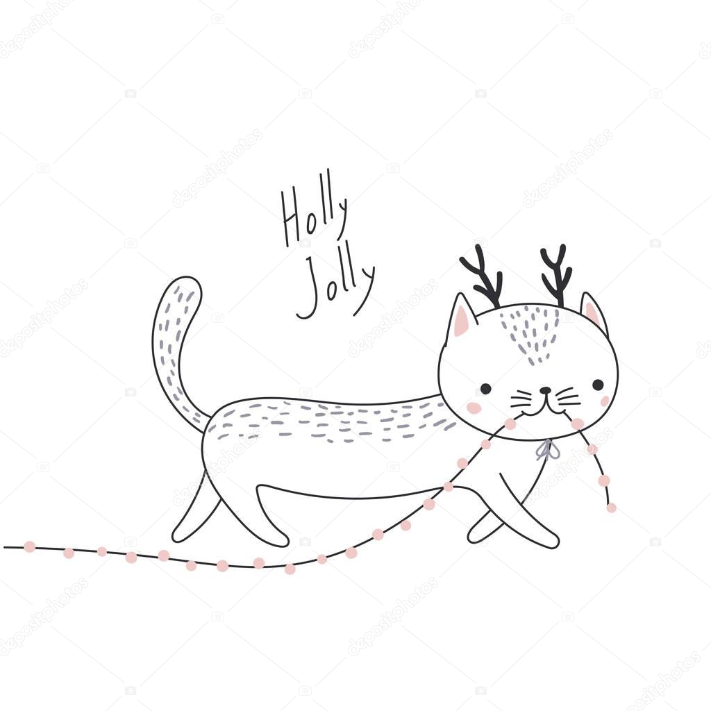 Christmas greeting card with cartoon cat